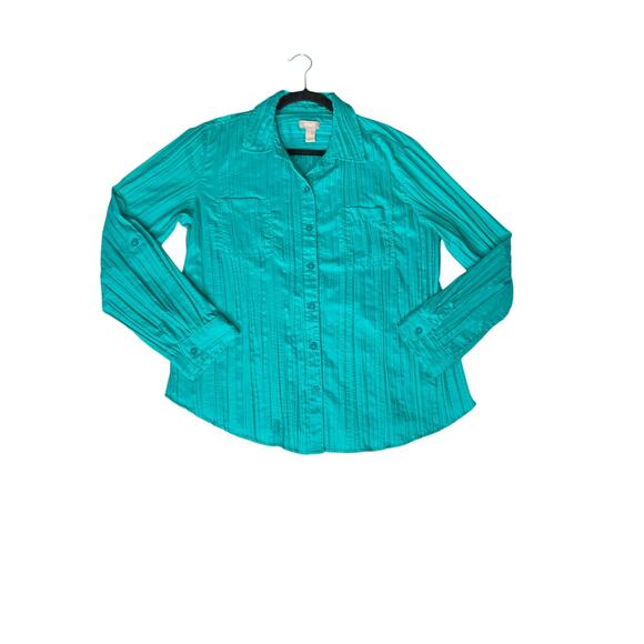 Chico’s size 2 shirt button-up blue roll tab sleeves pleated fabric office - Picture 1 of 7